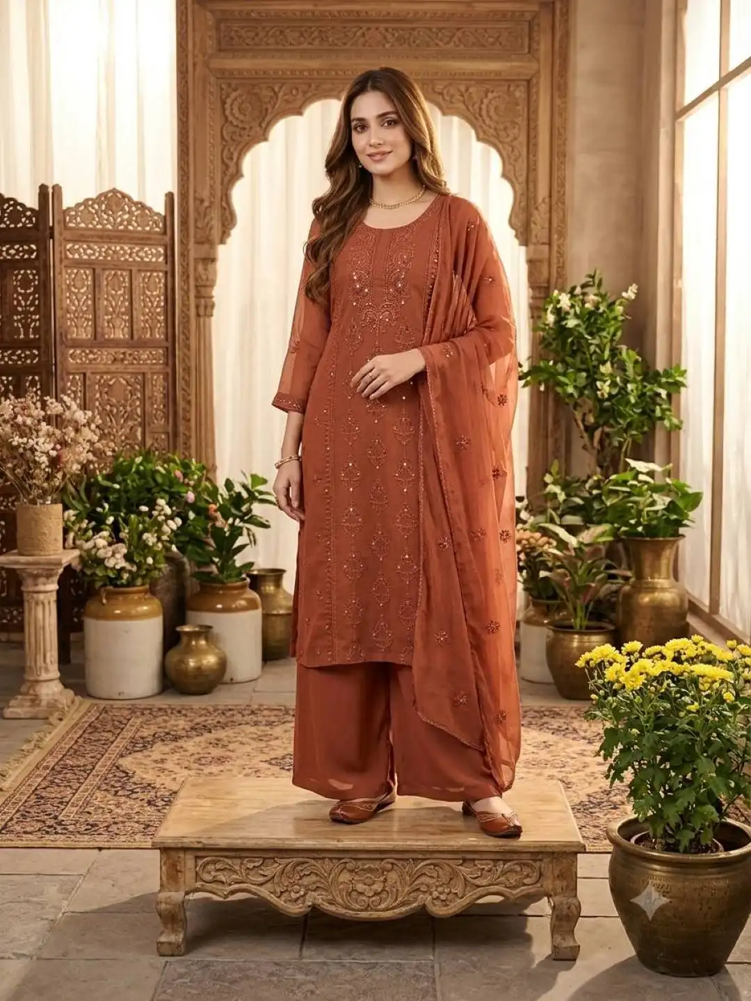 BV 519 Georgette With Sequence Embroidery Work Top Plazzo Dupatta Set Wholesale Surat