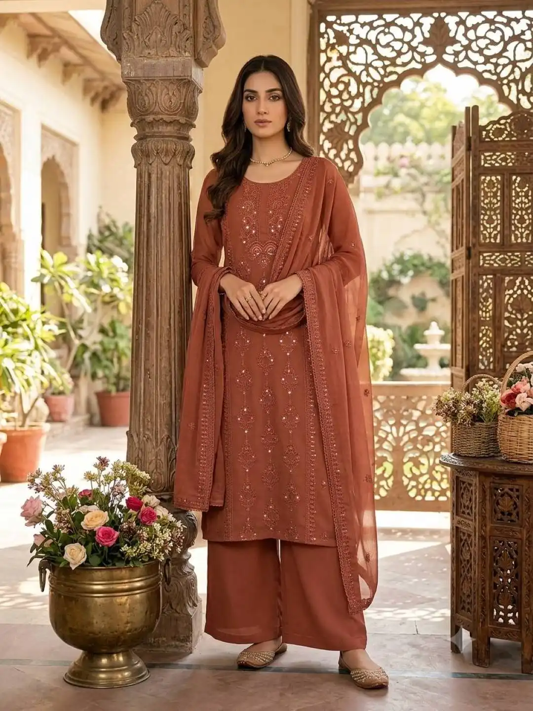 BV 519 Georgette With Sequence Embroidery Work Top Plazzo Dupatta Set Wholesale Surat