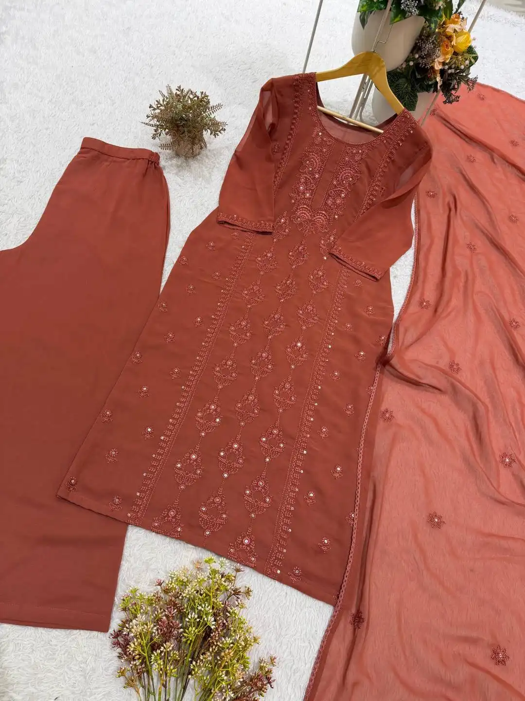BV 519 Georgette With Sequence Embroidery Work Top Plazzo Dupatta Set Wholesale Surat