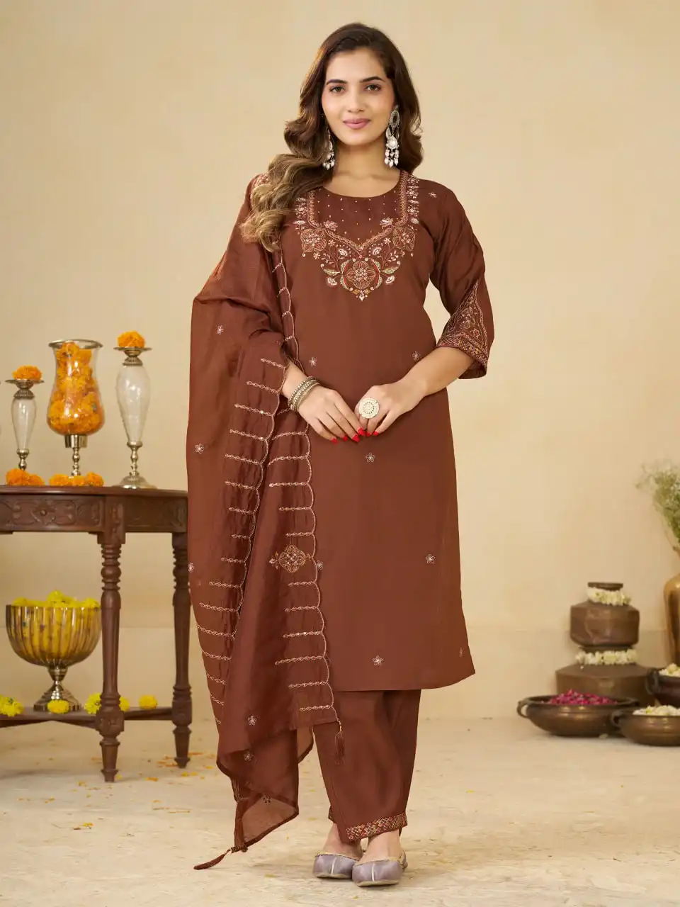 Lila 194 Marina Silk With Multi Embroidery With Hand Work Kurti Pant Dupatta Set Wholesale Surat