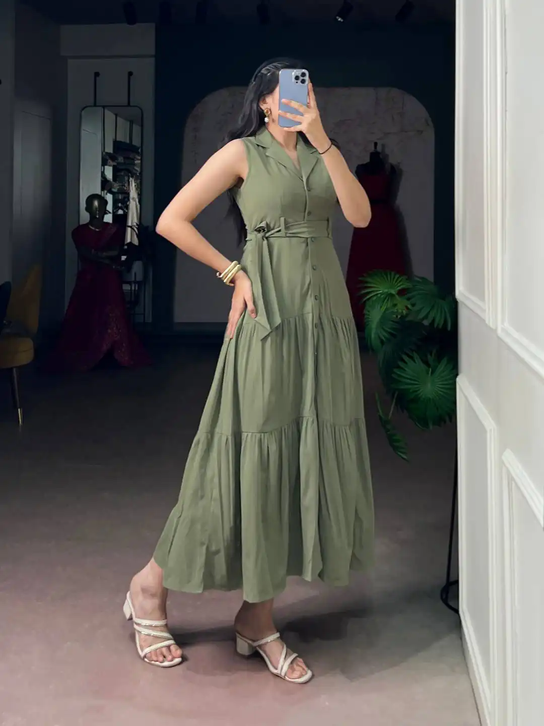 WMN 4709 Hemmer Silk With Belt and Flowy Layers Dress Wholesale Online Surat
