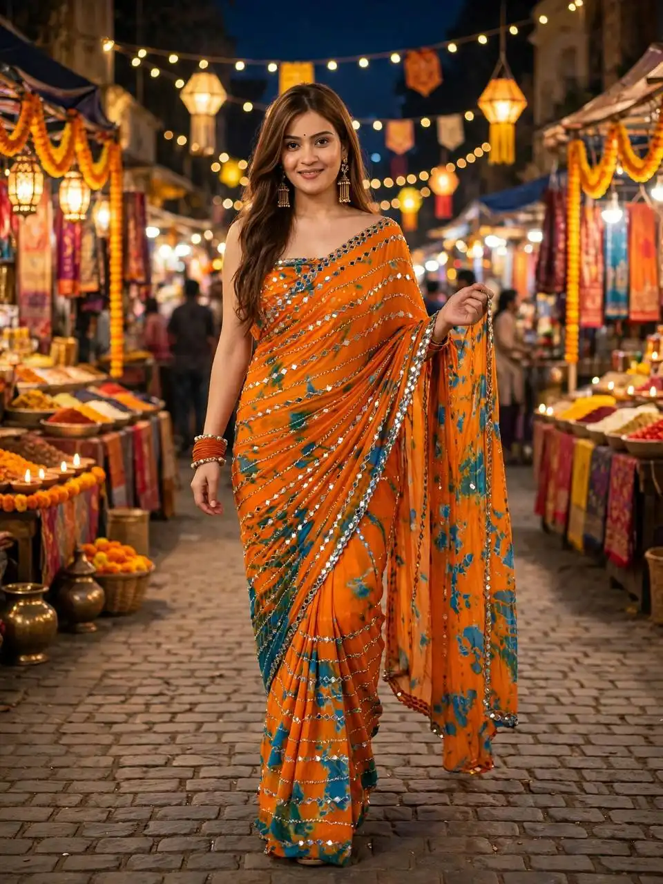 SBD 1894 Star Georgette With Beads Real Mirror & Digital Print Work Saree Wholesale Supplier